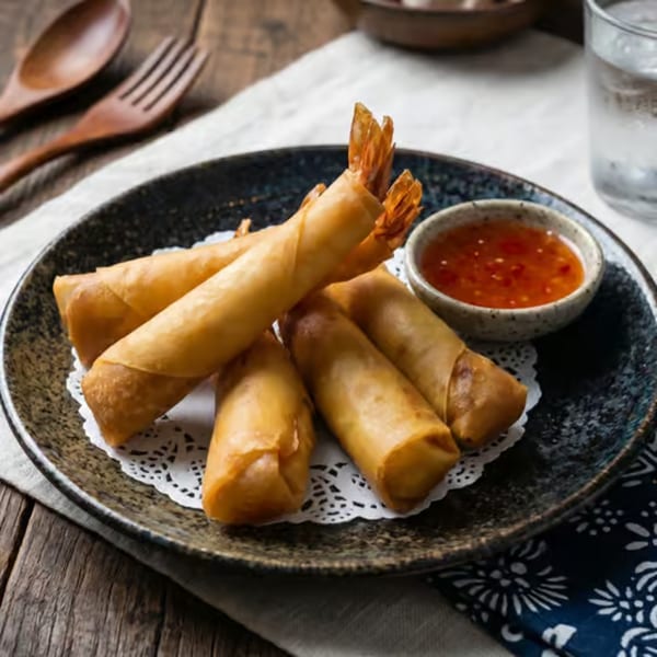 Golden brown shrimp spring rolls with a sweet chili dipping sauce on a dark plate.