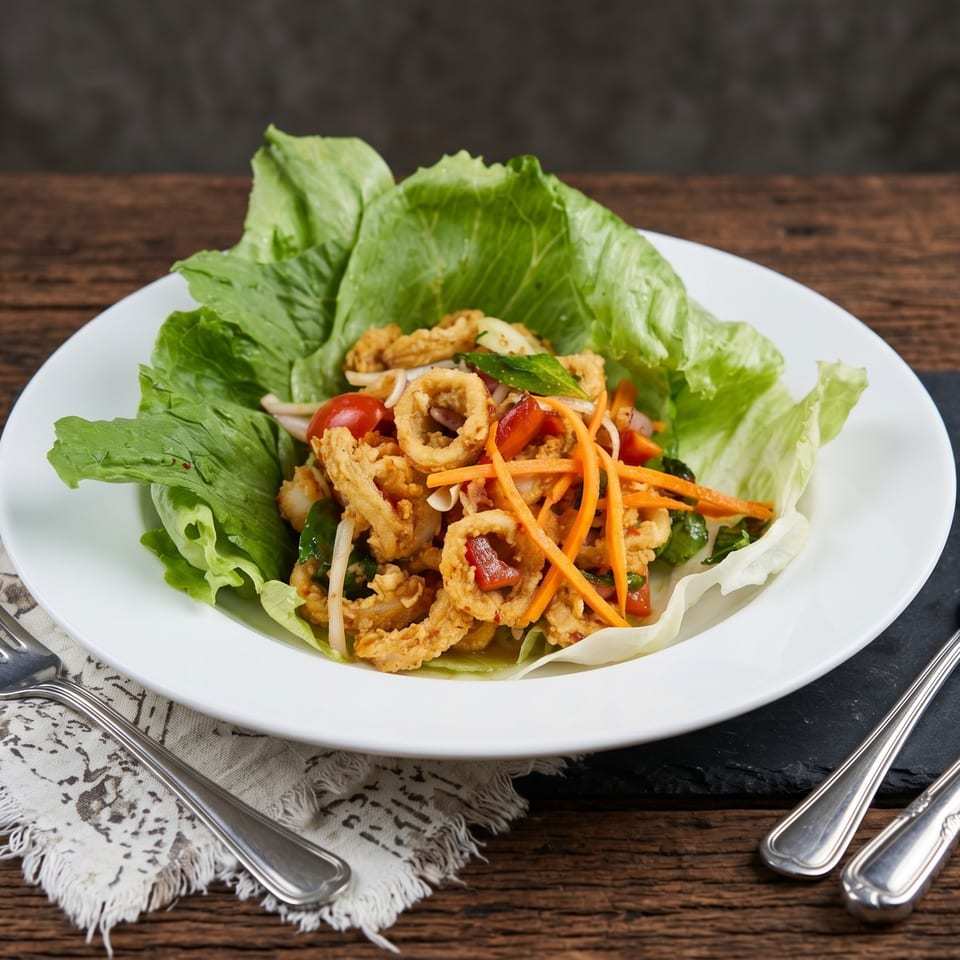 Crispy fried calamari salad with carrots, tomatoes, and onions, served in lettuce cups.
