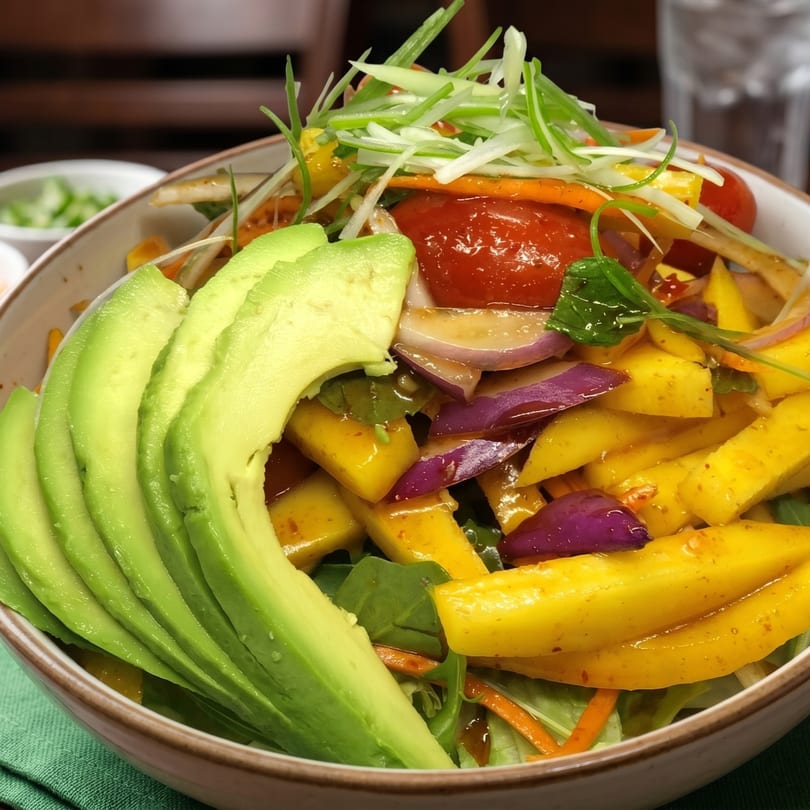 Close-up of a vibrant salad with sliced avocado, mango, red onion, cherry tomatoes, and green onions.