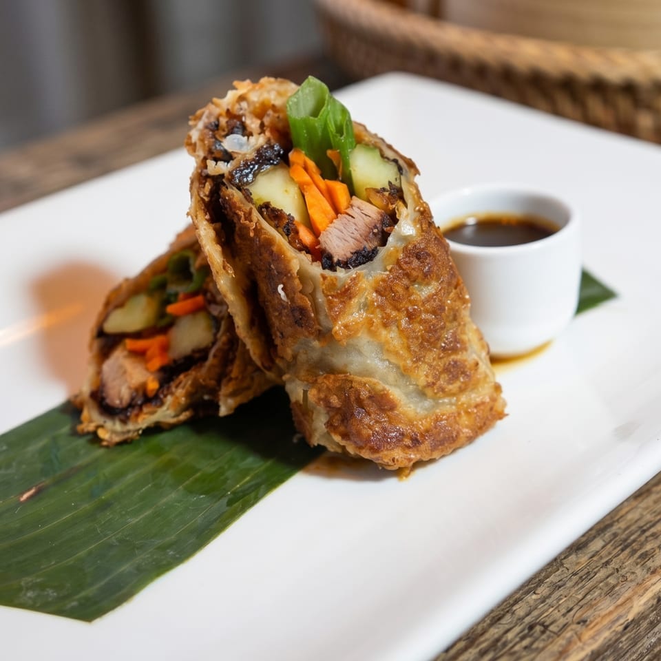 Two crispy fried spring rolls filled with meat, carrots, and cucumbers, served with a side of sauce.