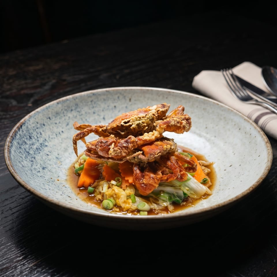 Crispy soft-shell crabs atop sautéed vegetables and sauce in a speckled bowl on a dark table.