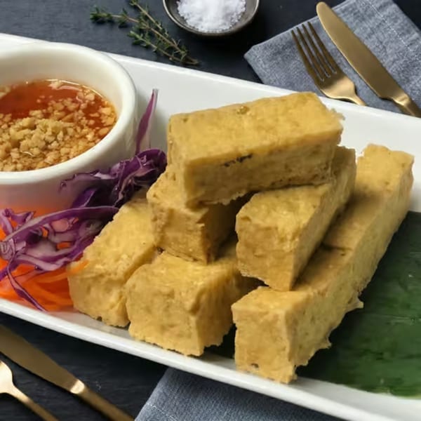 Crispy fried tofu sticks with a side of dipping sauce, shredded carrots, and purple cabbage.