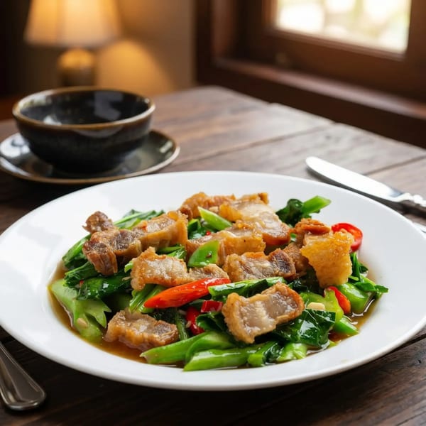 Crispy pork belly stir-fried with vibrant green kale and red chilies on a white plate.